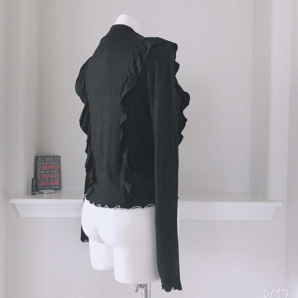 June & Hudson Mock Neck Sweater w/Ruffles Black w/ White Trim Size XL New w/Tag