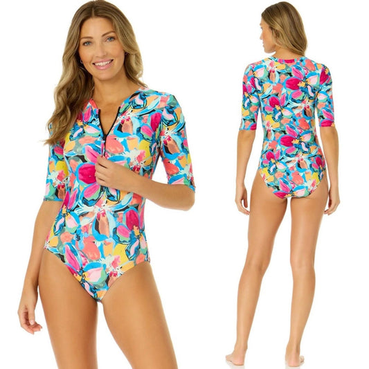Anne Cole Amalfi Floral Half Zip Front Rash Guard One Piece Swimsuit Size 16 NWT