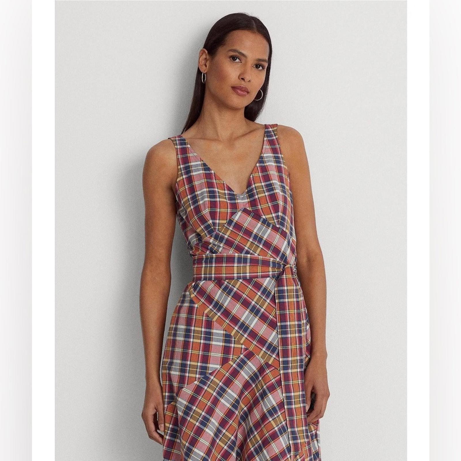Lauren Ralph Lauren Madras Plaid Belted Midi Dress, Size 18, New w/Tag