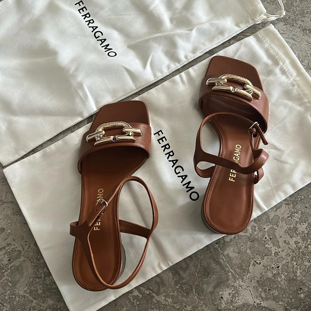 Ferragamo Priscilla Gancini Leather Ankle Strap Sandals, NEW, Size 7.5