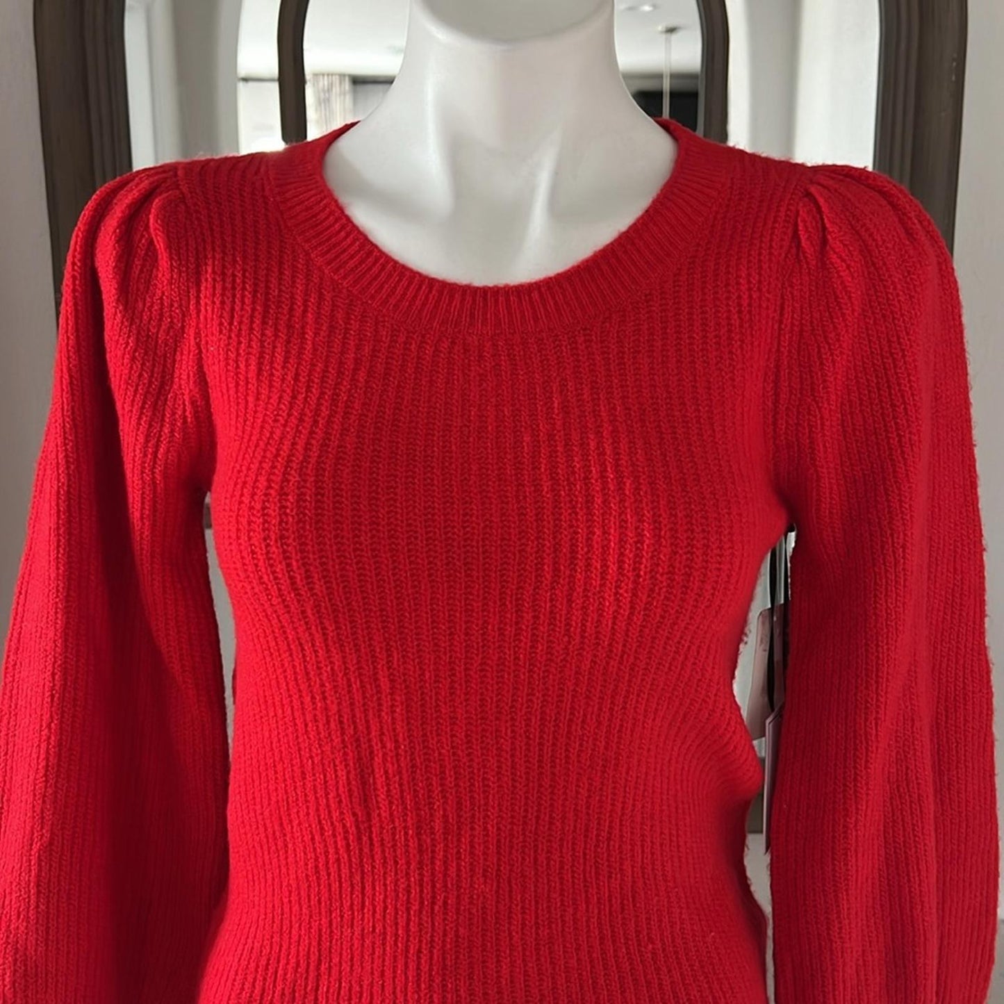1.STATE Balloon Sleeve Crewneck Rib Sweater in Red, New, Size M