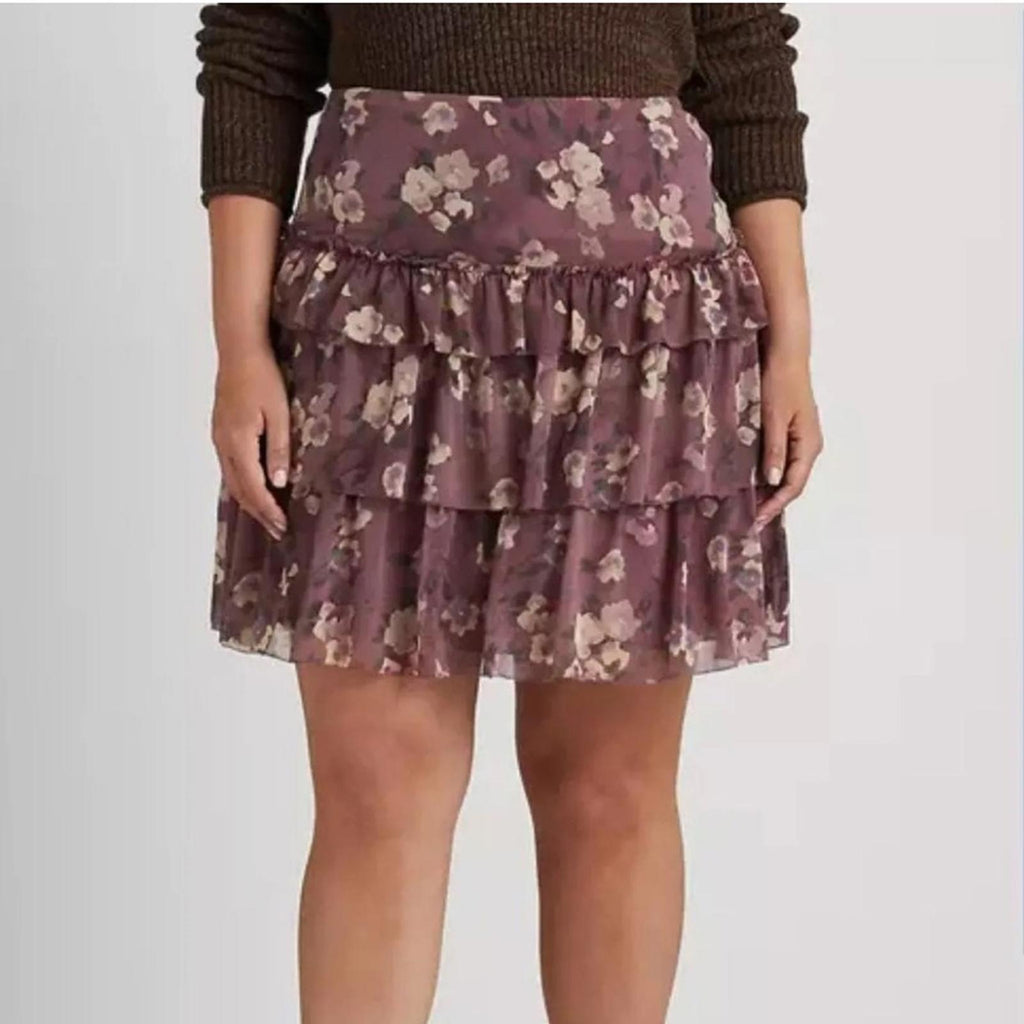 Lauren Ralph Lauren Floral Crinkle Georgette Mini Skirt in Purple Size 14 NWT