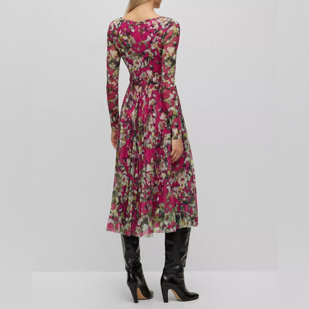 HUGO BOSS Long Sleeve Dress in Plissé Tulle with Seasonal Print Size S NEW w/Tag