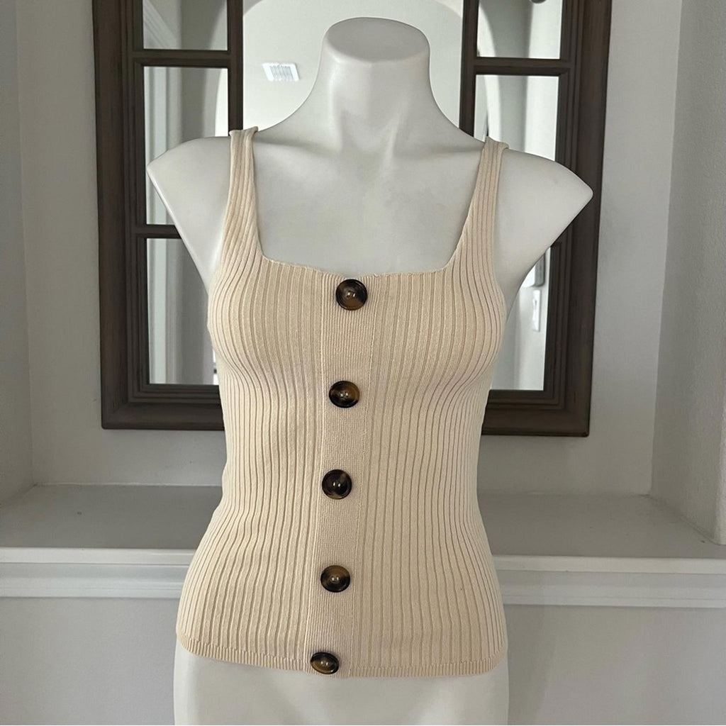 Line & Dot xRevolve Beige Ribbed Cropped Tank Top with Button Detail, Size S