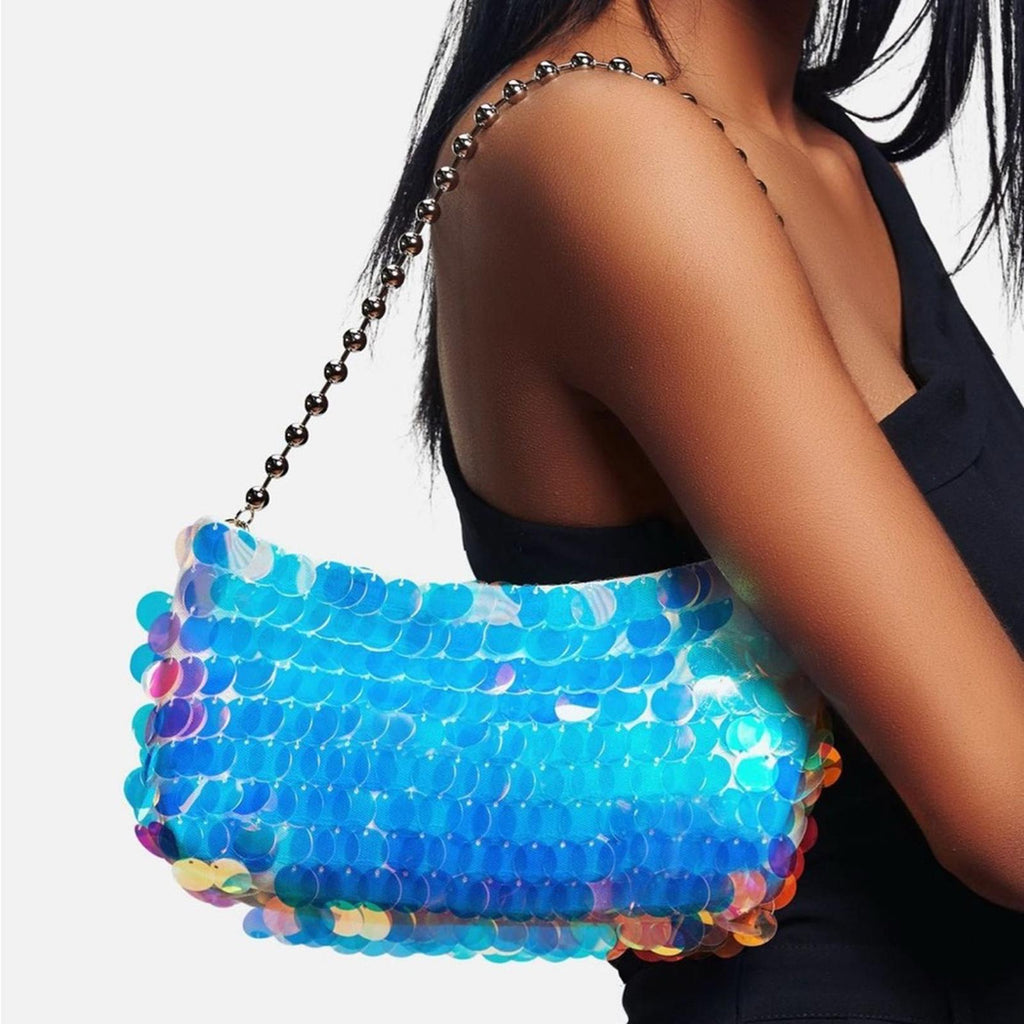 Liselle Kiss Chelsea Ball Chain Shoulder Bag, Iridescent Silver, Made in Italy