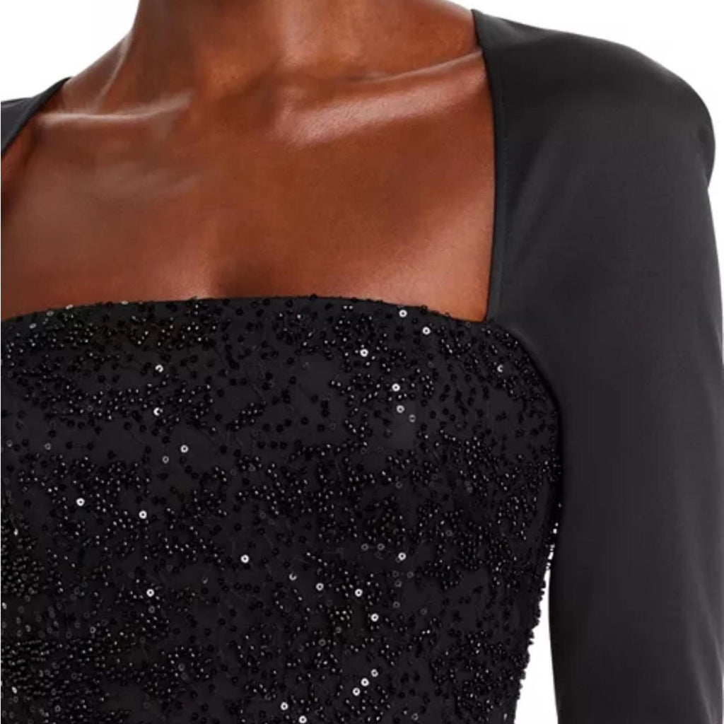 Amsale Sequined Beaded Bodice Gown, Stretch Crepe in Black, Size 10 NEW w/Tag