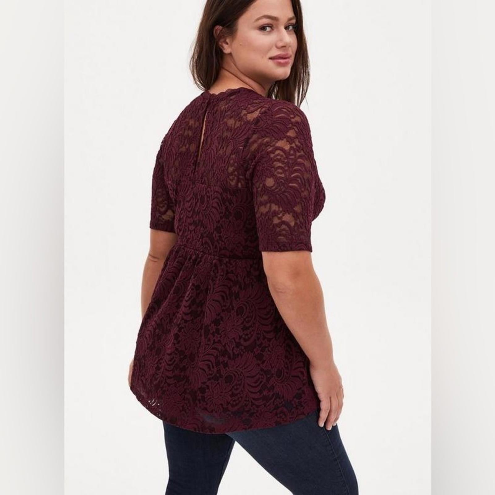 Torrid Babydoll Lace High Neck Short Sleeve Top in Wine Red, Size L New w/Tag