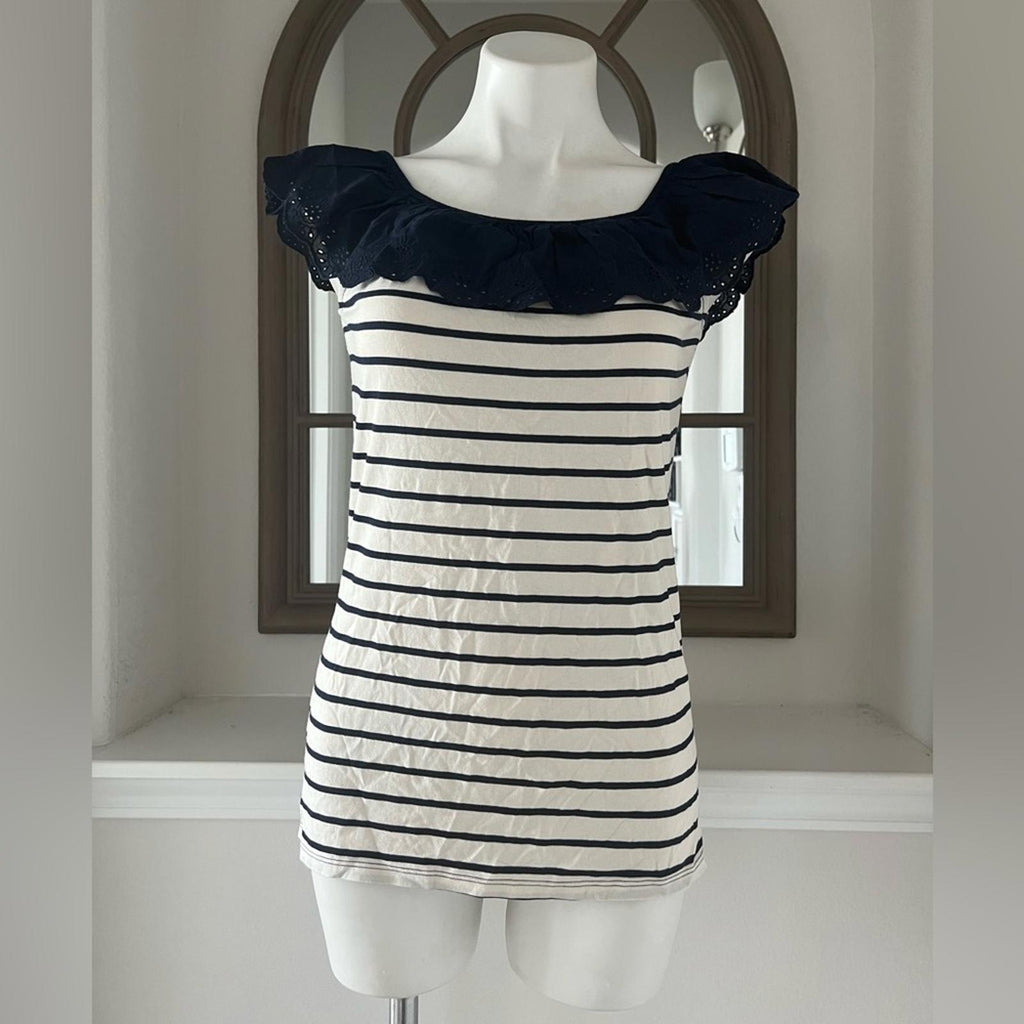 Lauren Ralph Lauren Striped Eyelet Ruffle Top, Cap Sleeve Round Neck Size XL NWT