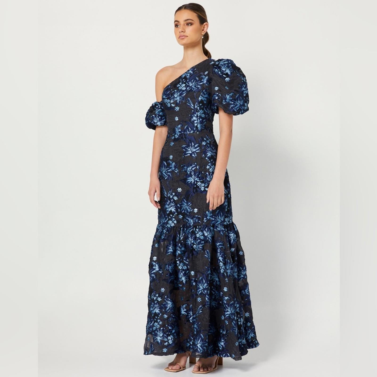Elliatt Planetary Asymmetric Jacquard Maxi Dress, Navy/Black, New w/Tag