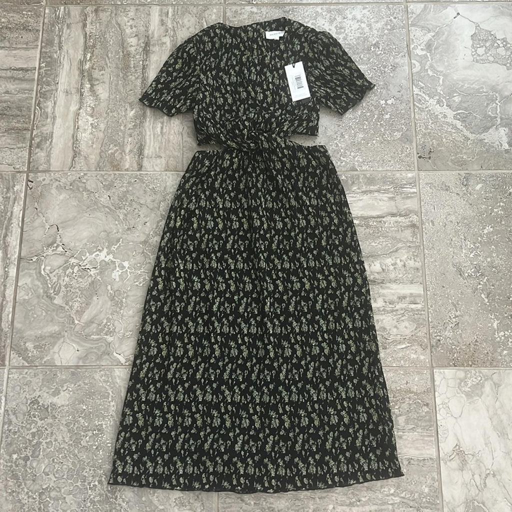 WhoWhatWear Drew Plissé Cutout Twist Midi Dress, Disty Floral Size XS NWT $178