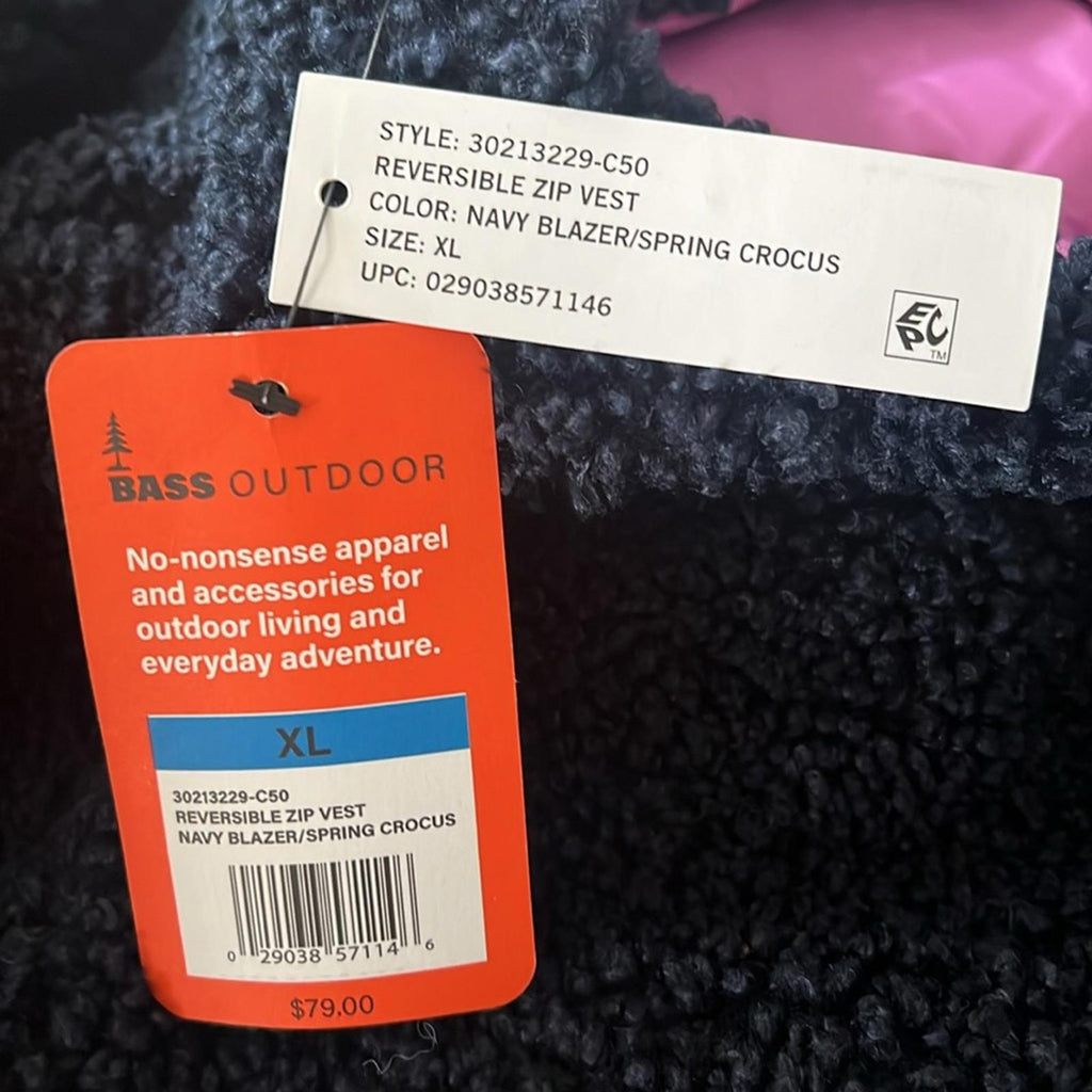 Bass Outdoor Reversible Zip-Front Vest Navy Blazer/Spring Crocus, NWT, Size XL