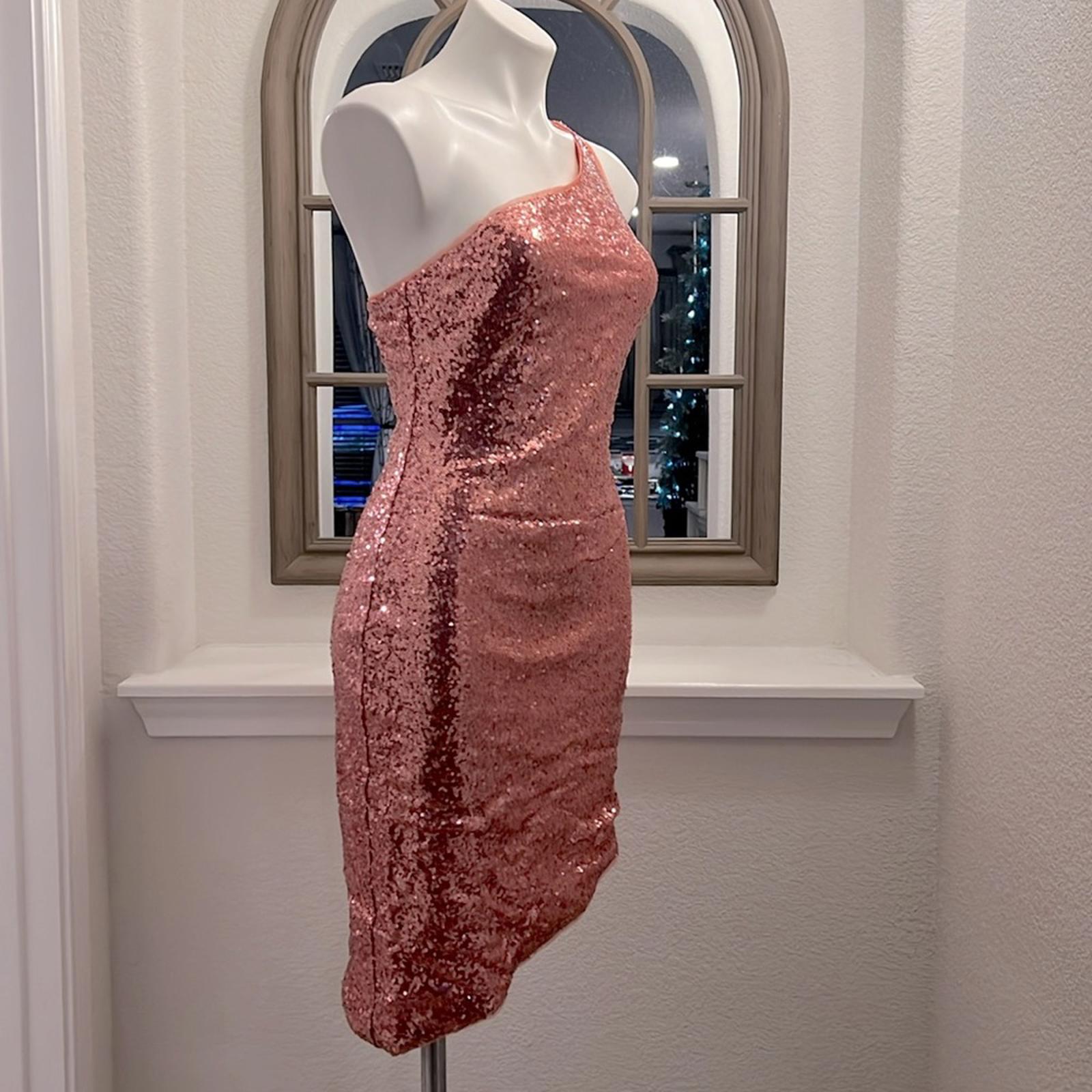 Bloomingdale’s Aqua Asymmetrical Sequined Dress, One Shoulder in Pink Size S NWT
