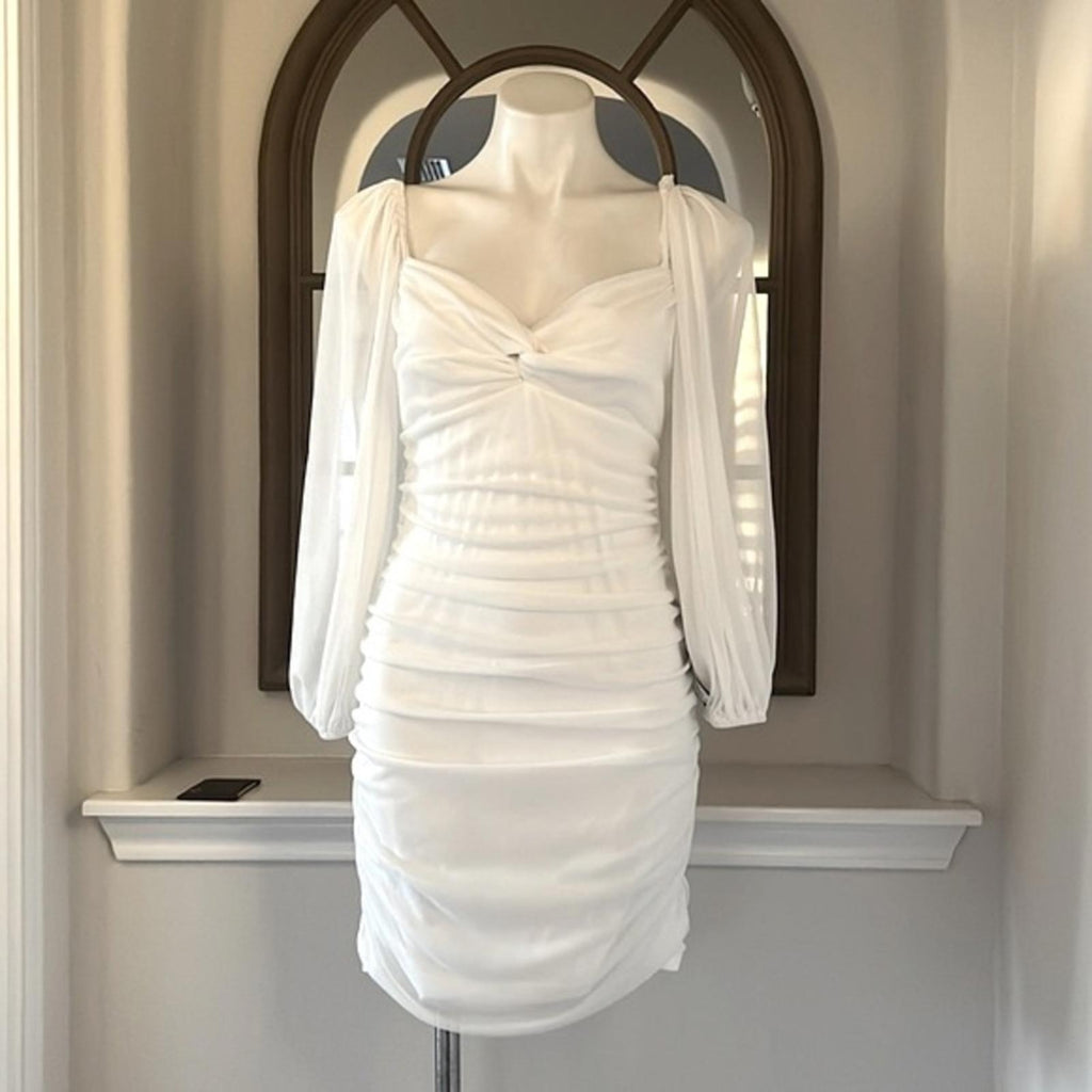 B. Darlin' Long-Sleeve V-Neck Ruched Bodycon Dress in White, Juniors Size XL NWT