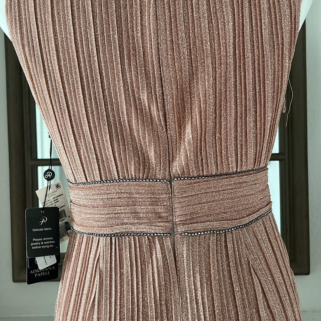 Adrianna Papell Metallic Pleated Long Gown in Rose, Size 8 NEW w/Tag $229