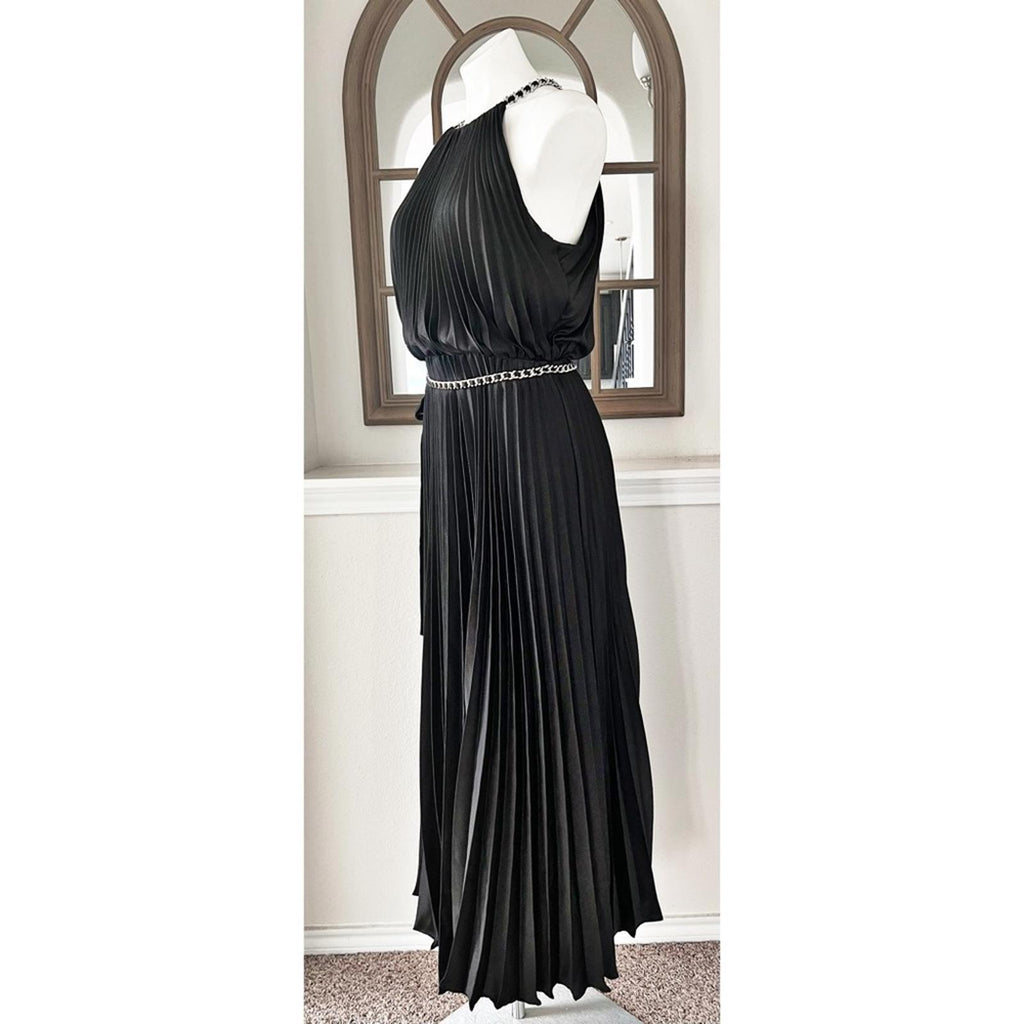 ML Monique Lhuillier Satin Chain-Link Belt Pleated Gown, Black Size 8 NWT $695
