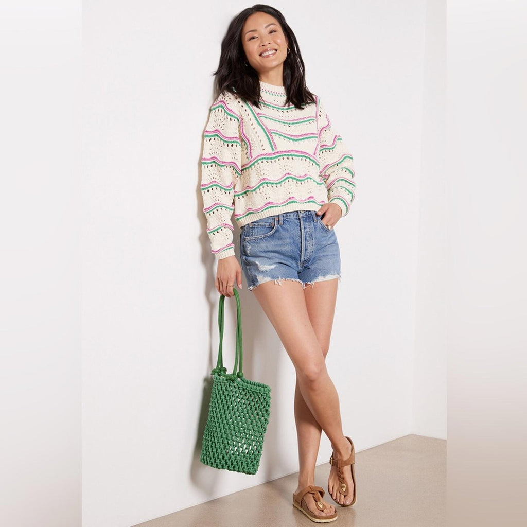 ba&sh Ecru Hicham Jumper Stripe Pointelle Sweater, Ivory Size XS Retail $336