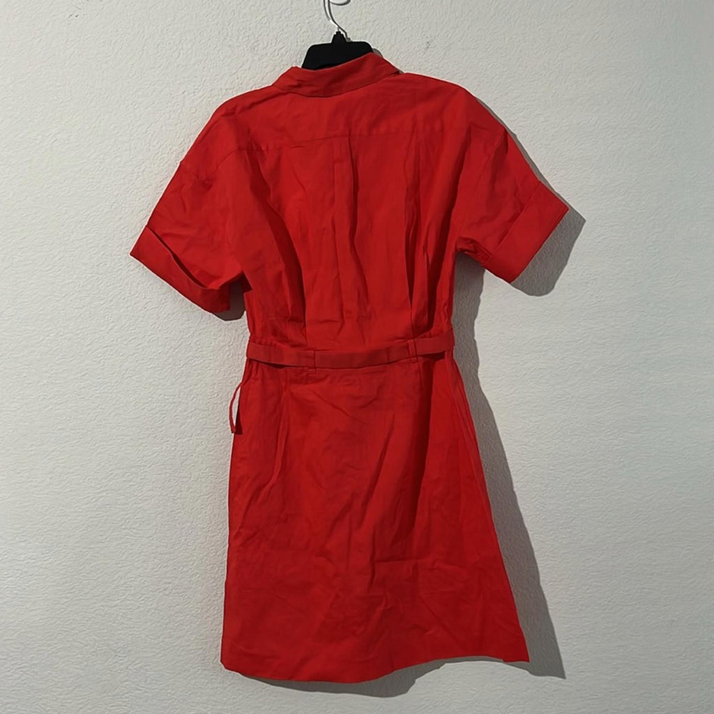 Theory Linen-Blend Eco Crunch Belted Casual Shirt Dress Poppy Red, NWT, Size 4