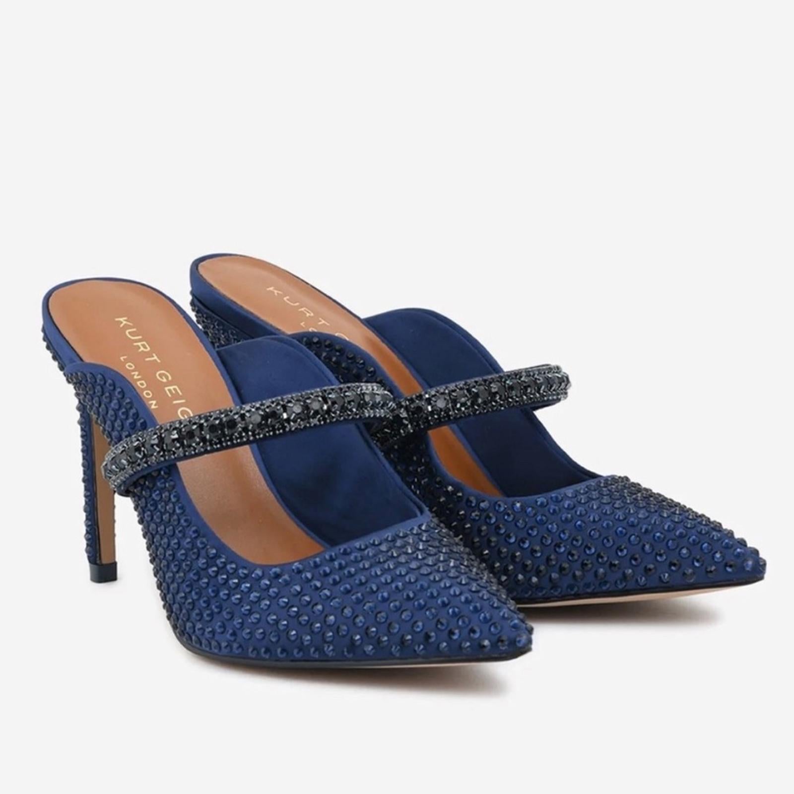 Kurt Geiger Blue Duke Drench 100 Crystal-Embellished Mules Heels Size 41 NEW