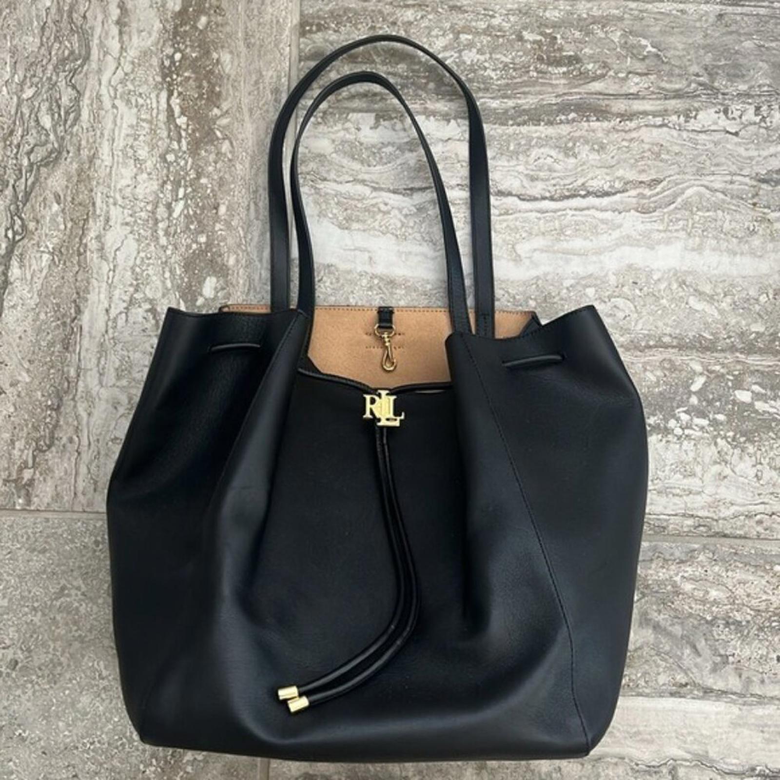NEW Lauren Ralph Lauren Andie Large Leather Drawstring Tote in Black New w/o Tag