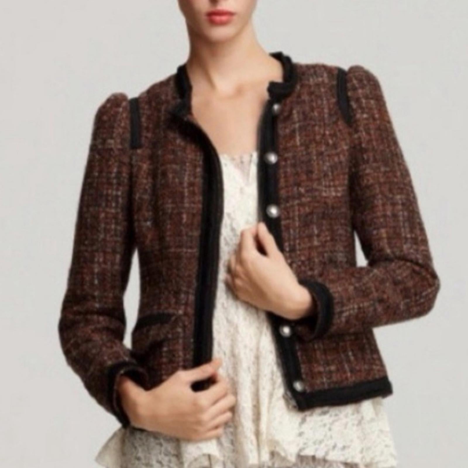 Free People Tweed Moto Jacket, Wool Brown/Purple w/Black Trim Size 4 Retail $198