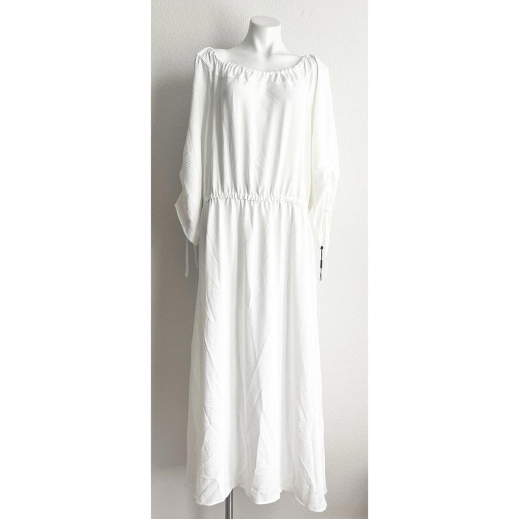 Calvin Klein Off-The-Shoulder Blouson Maxi Dress in Cream White, NWT, Size 18
