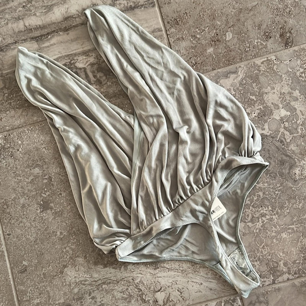 Free People Sateen Oxide Thong Bodysuit, Silver Grey Size L New w/Tag