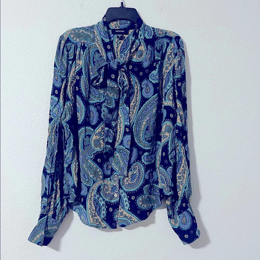 Karen Kane Long Sleeve Paisley Print Bow Neck Blouse, Size XL NEW w/Tag $168