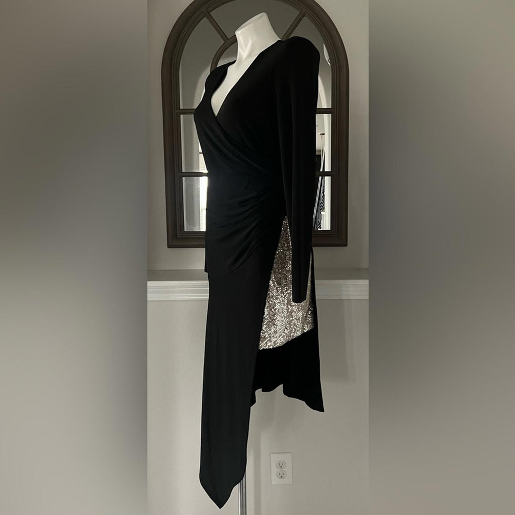BCBGMaxazria Sequin Asymmetric Midi-Dress in Black Gold, Size 12, New with Tag