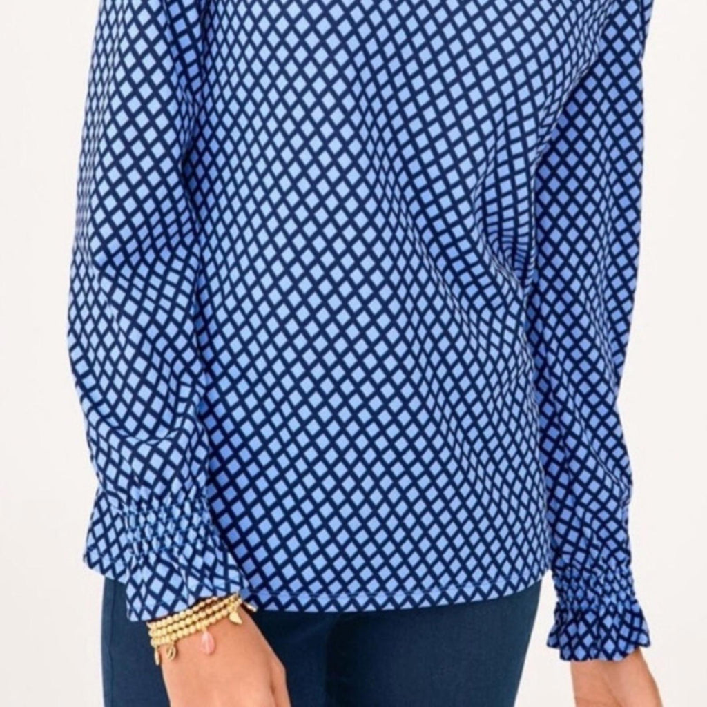 Talbots Smocked Cuff Blouse Trellis Print in Blue, Plus Size 3X NEW w/o Tag