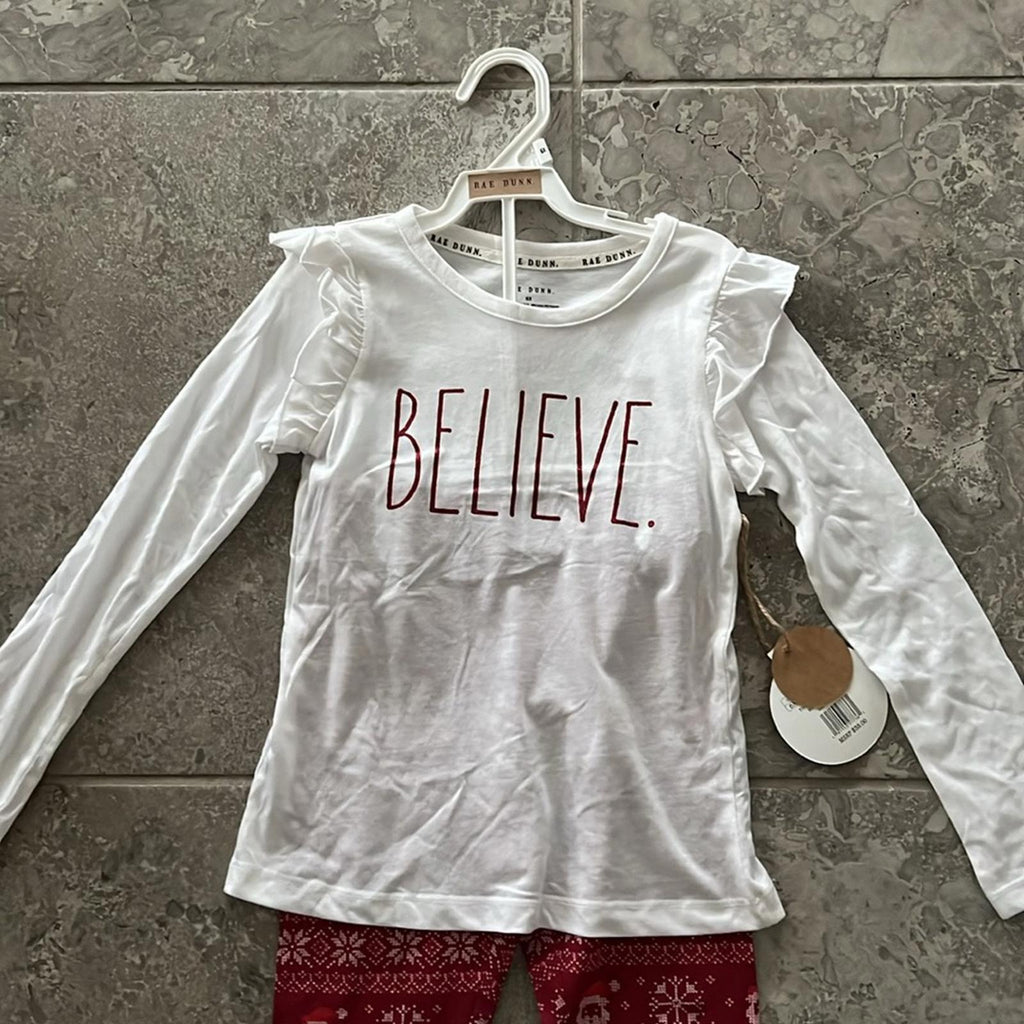 Rae Dunn 2Pc “BELIEVE” Long Ruffle-Sleeve Shirt & All-Over Print Leggings 6X NWT
