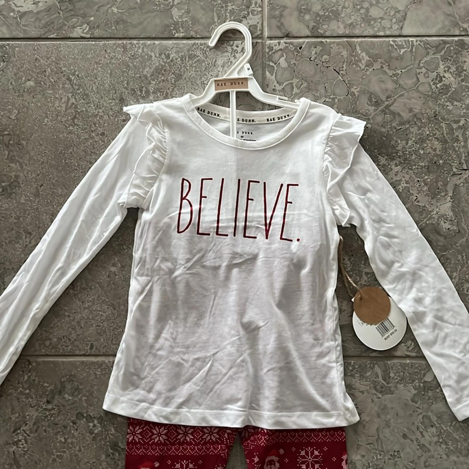 Rae Dunn 2Pc “BELIEVE” Long Ruffle-Sleeve Shirt & All-Over Print Leggings 6X NWT