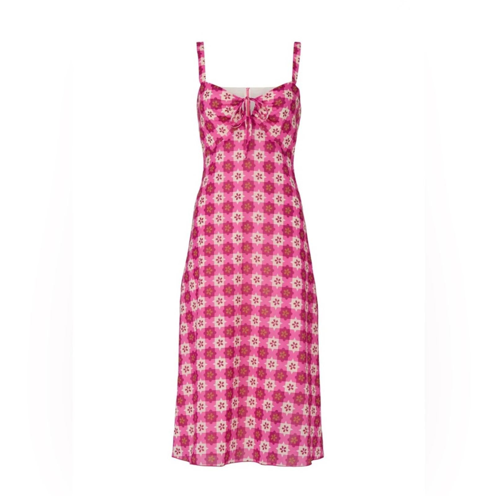 $518 Anna Sui Utopian Gingham Cotton Slip Dress in Neon Pink, Size 2