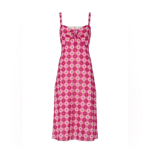$518 Anna Sui Utopian Gingham Cotton Slip Dress in Neon Pink, Size 2