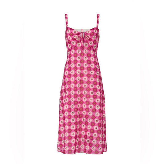 $518 Anna Sui Utopian Gingham Cotton Slip Dress in Neon Pink, Size 2