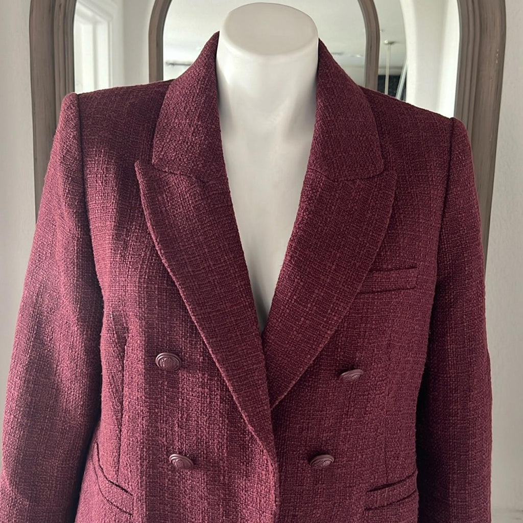 ELIE TAHARI Double Breasted Tweed Blazer in Burgundy, Size L Retail $495