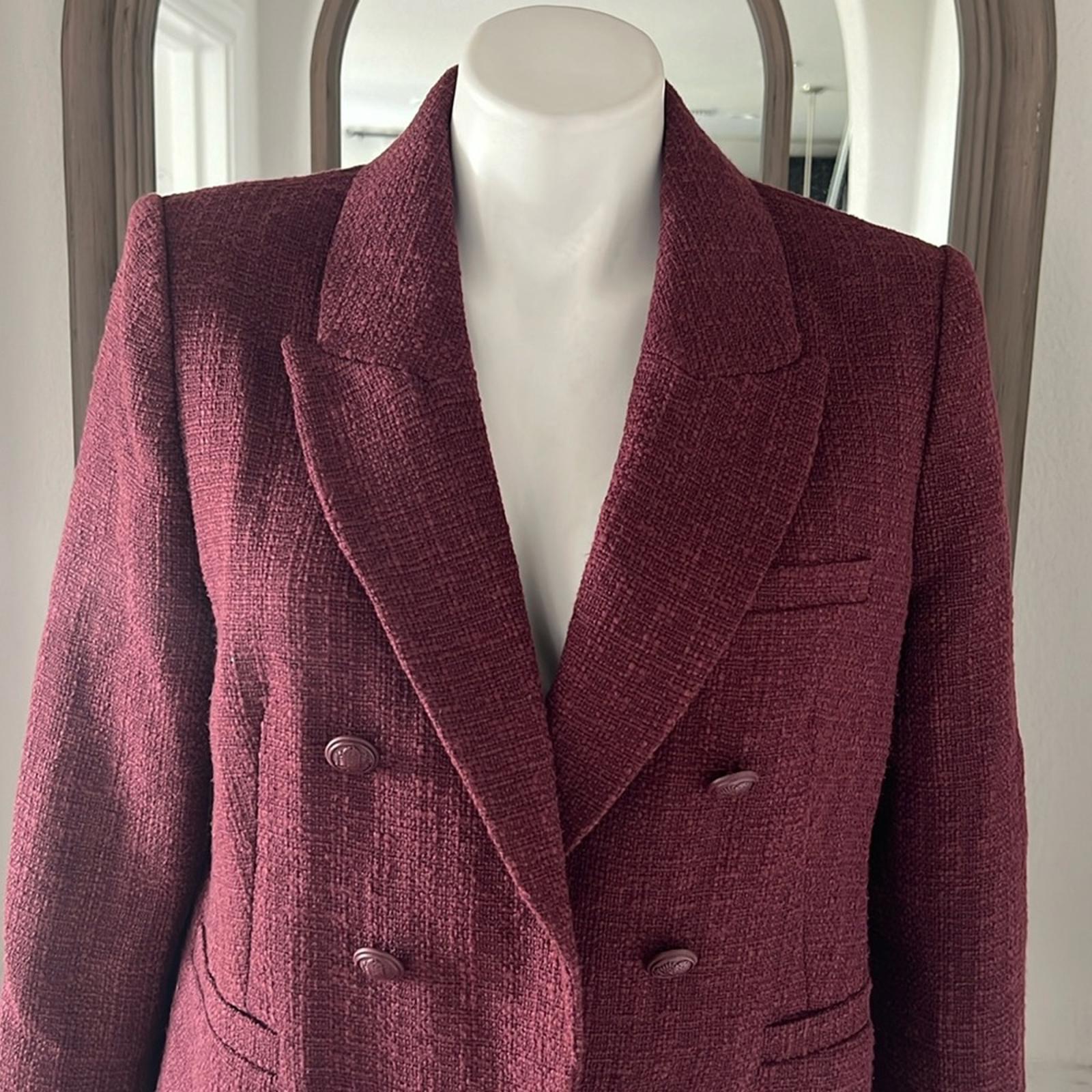 ELIE TAHARI Double Breasted Tweed Blazer in Burgundy, Size L Retail $495