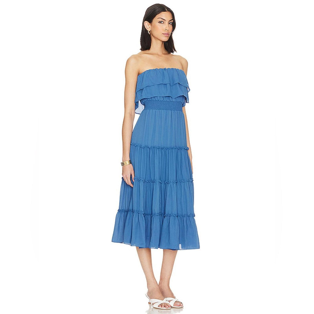 1.STATE x Revolve Strapless Ruffle Tiered Dress in Capris Blue, Size M New w/Tag