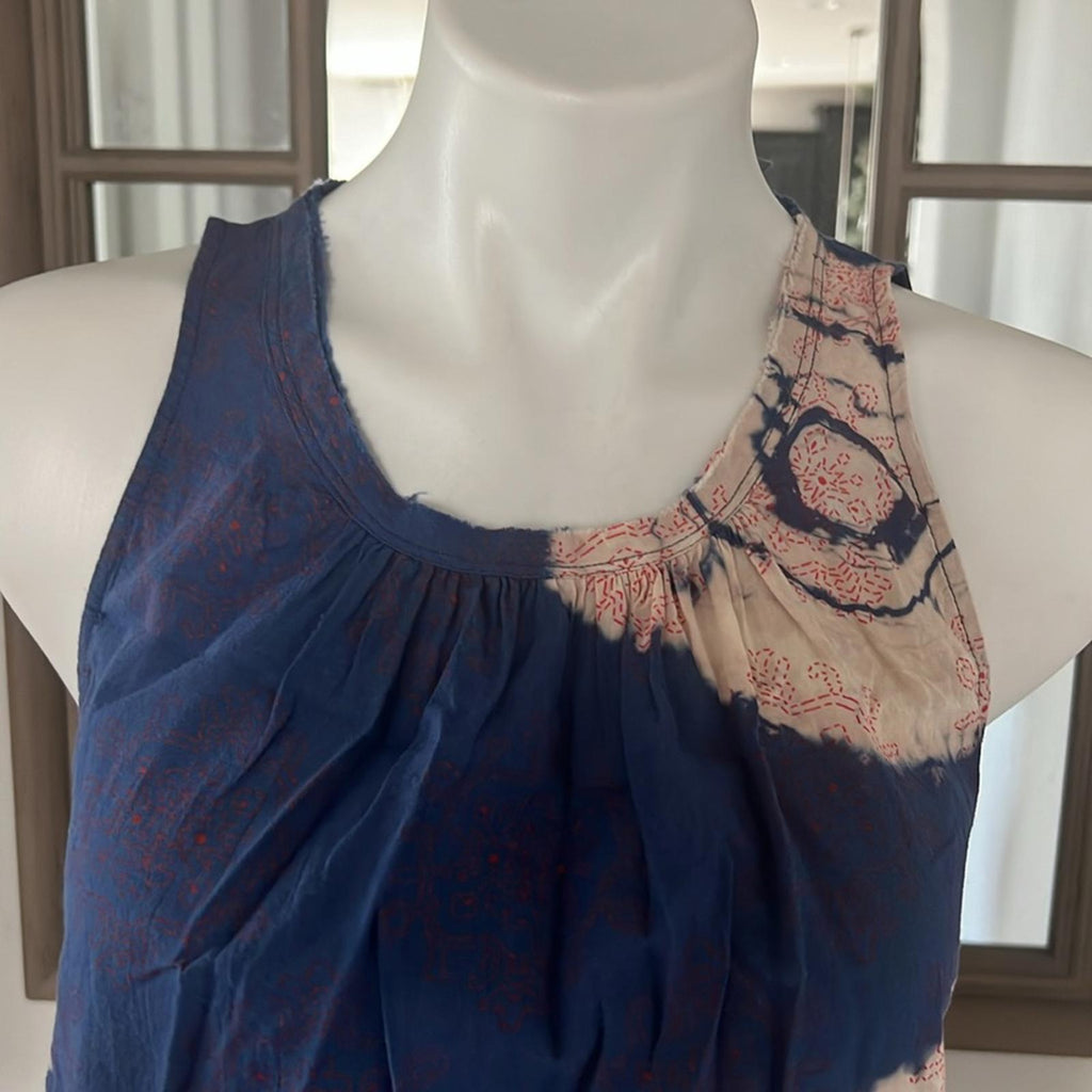 Raquel Allegra Voile Block Print Shirred Sleeveless Top, Blue/Red Size 0 $132.50