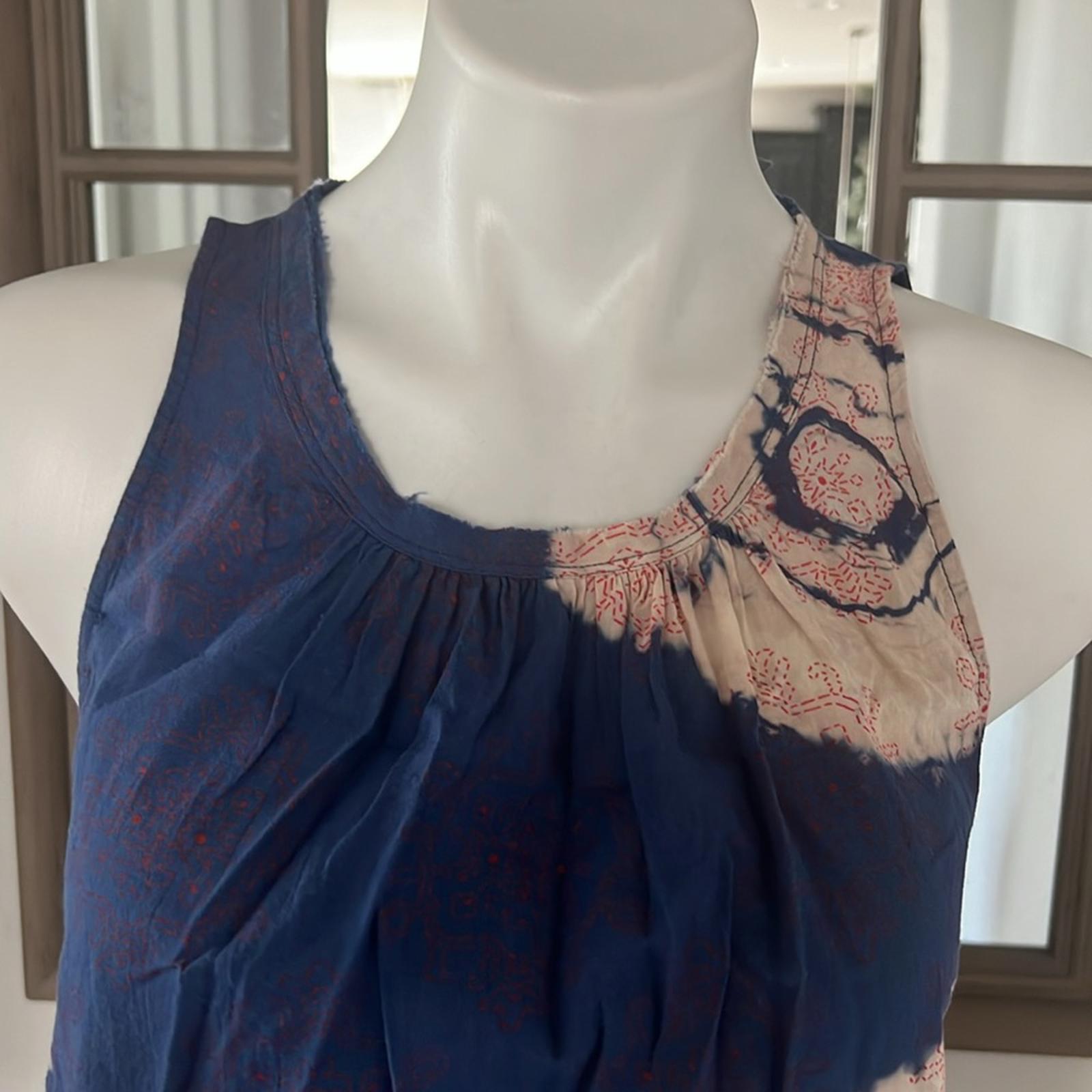 Raquel Allegra Voile Block Print Shirred Sleeveless Top, Blue/Red Size 0 $132.50