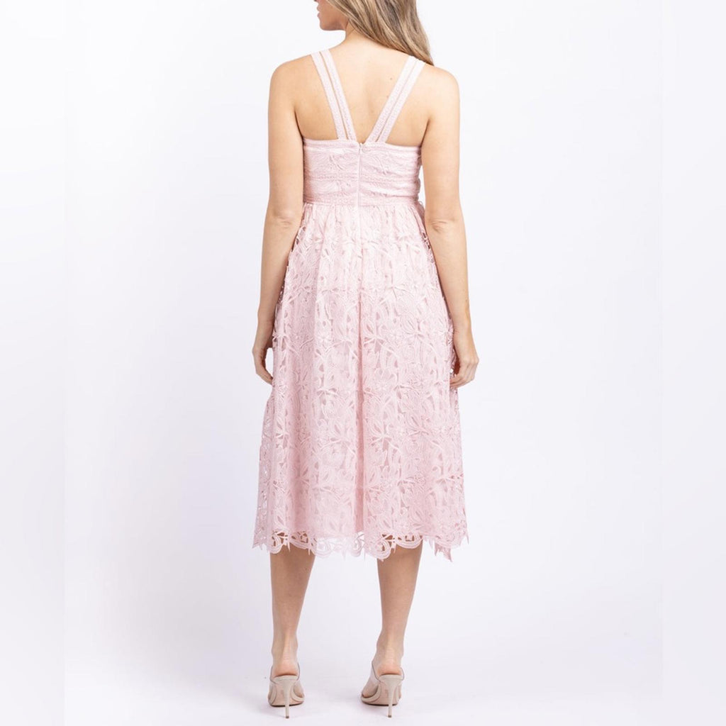 ML Monique Lhuillier Lace Halter Midi Dress in Rose Quartz NWT, Size 10