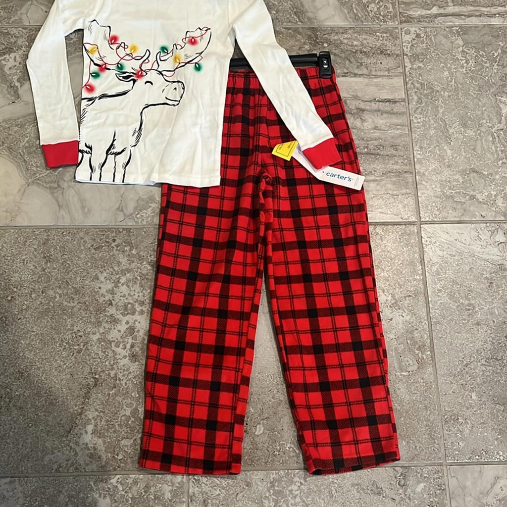 Carter's Big Kids Reindeer Fleece Pajama 2-Pc Set, White Red Black Size 10 NWT