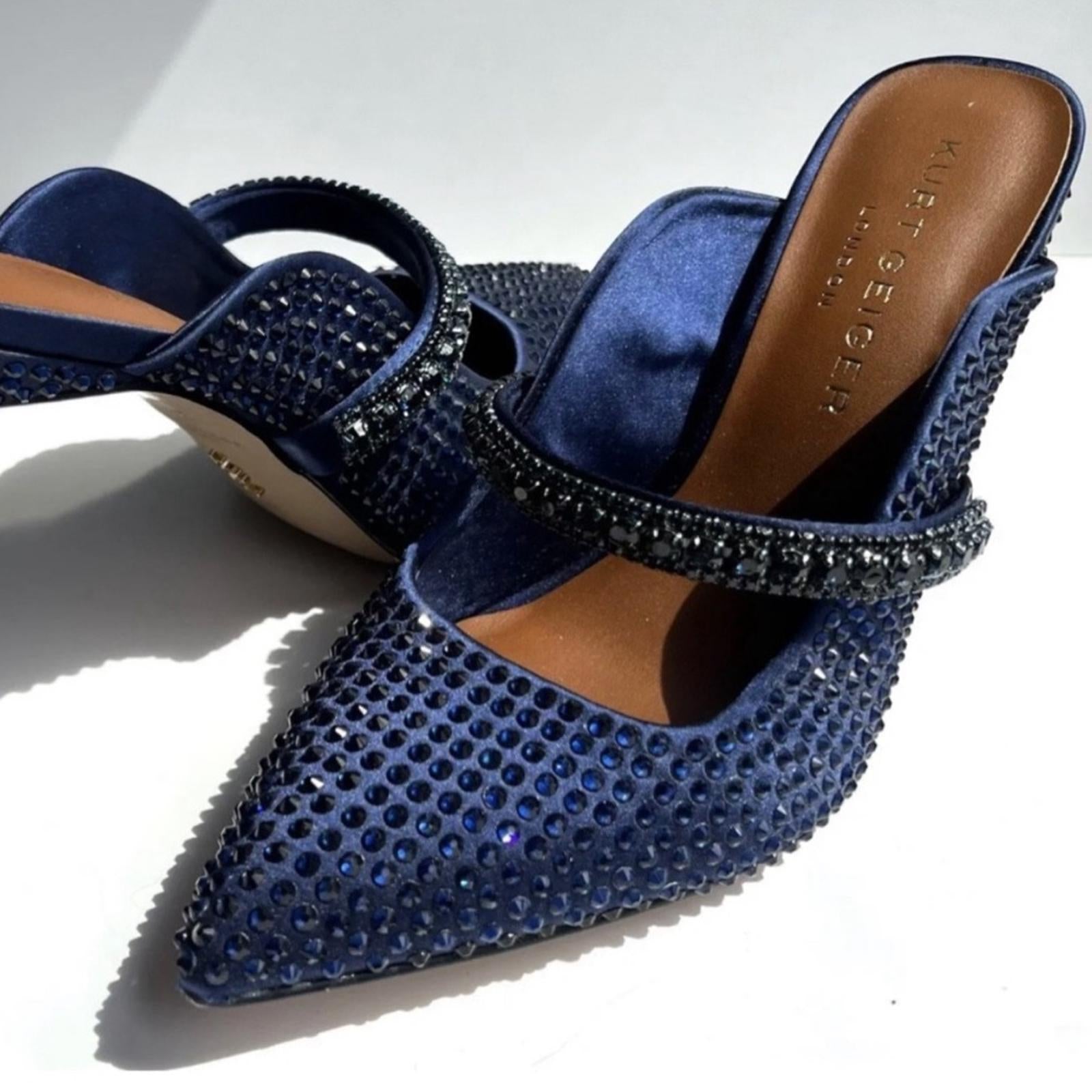 Kurt Geiger Blue Duke Drench 100 Crystal-Embellished Mules Heels Size 41 NEW