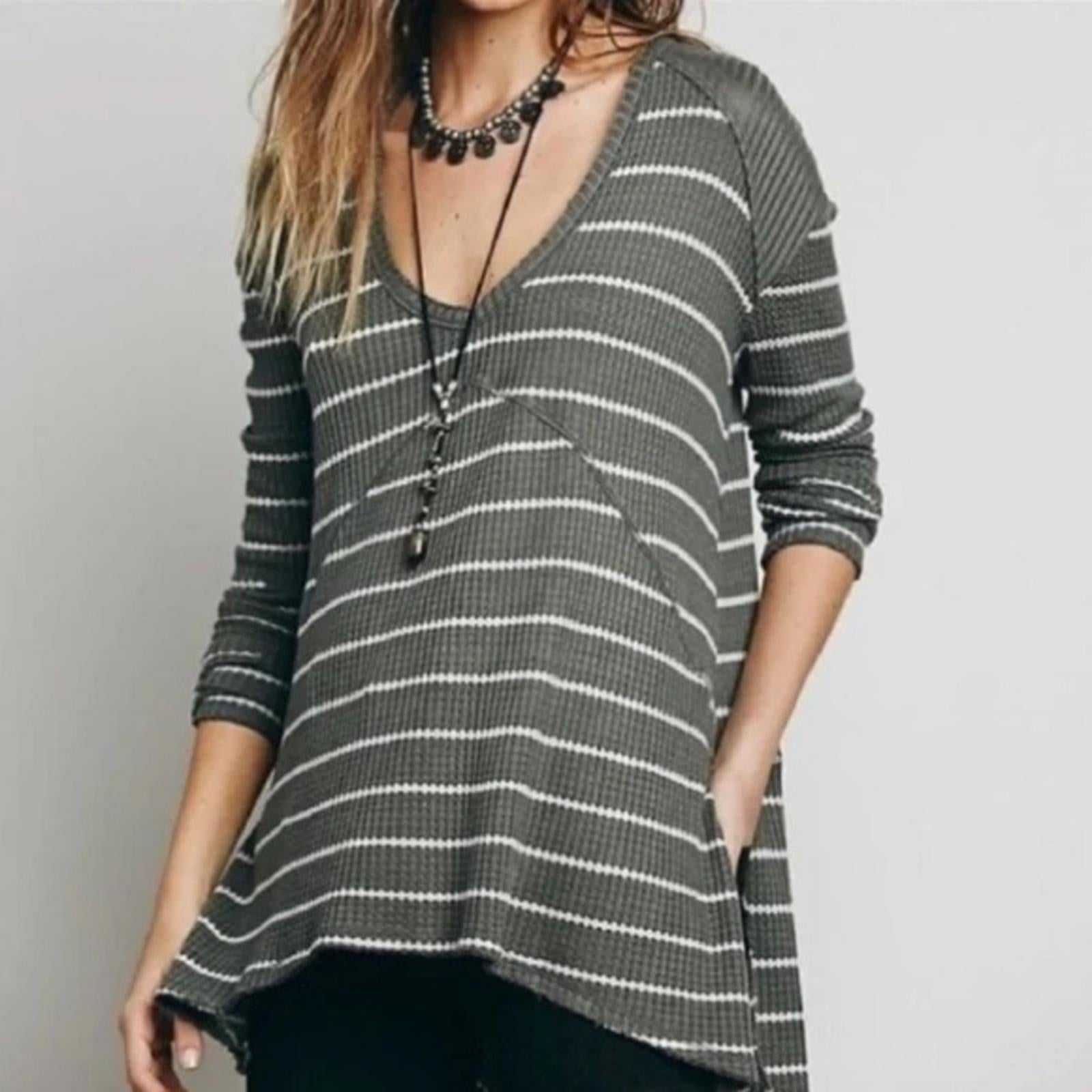 Free People Sunset Park Grey Oversized Striped Waffle Thermal Sweater Size M NWT