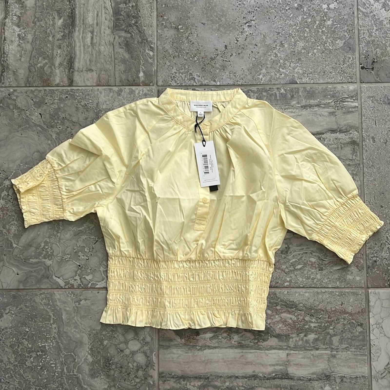 WhoWhatWear HARPER Smocked-Waist Top in Lemon, Size S New w/Tag Retail $115