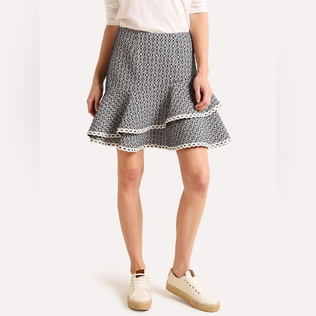 ML Monique Lhuillier Jacquard Ruffle Skirt, Navy Multi Size 0 New w/Tag $395