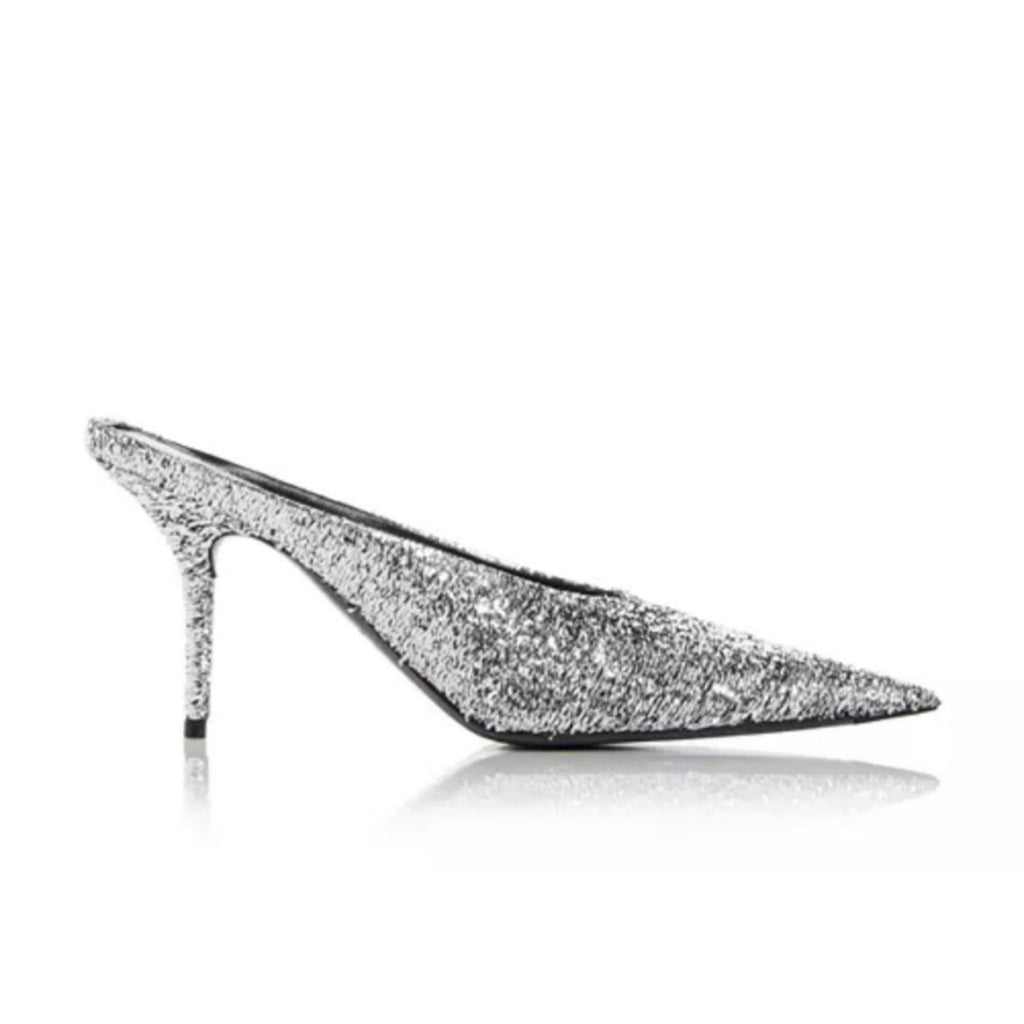 Balenciaga Knife Glitter High Heel Mules in Silver Titanium Size 37 New +DustBag