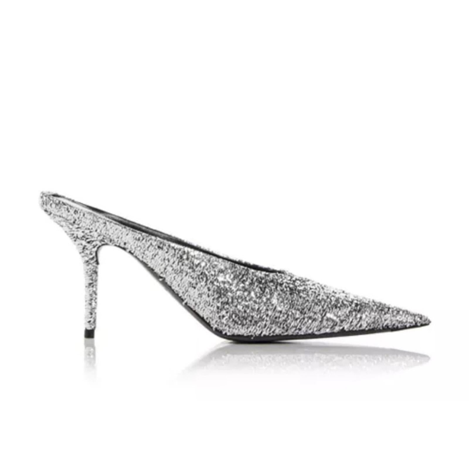 Balenciaga Knife Glitter High Heel Mules in Silver Titanium Size 37 New +DustBag