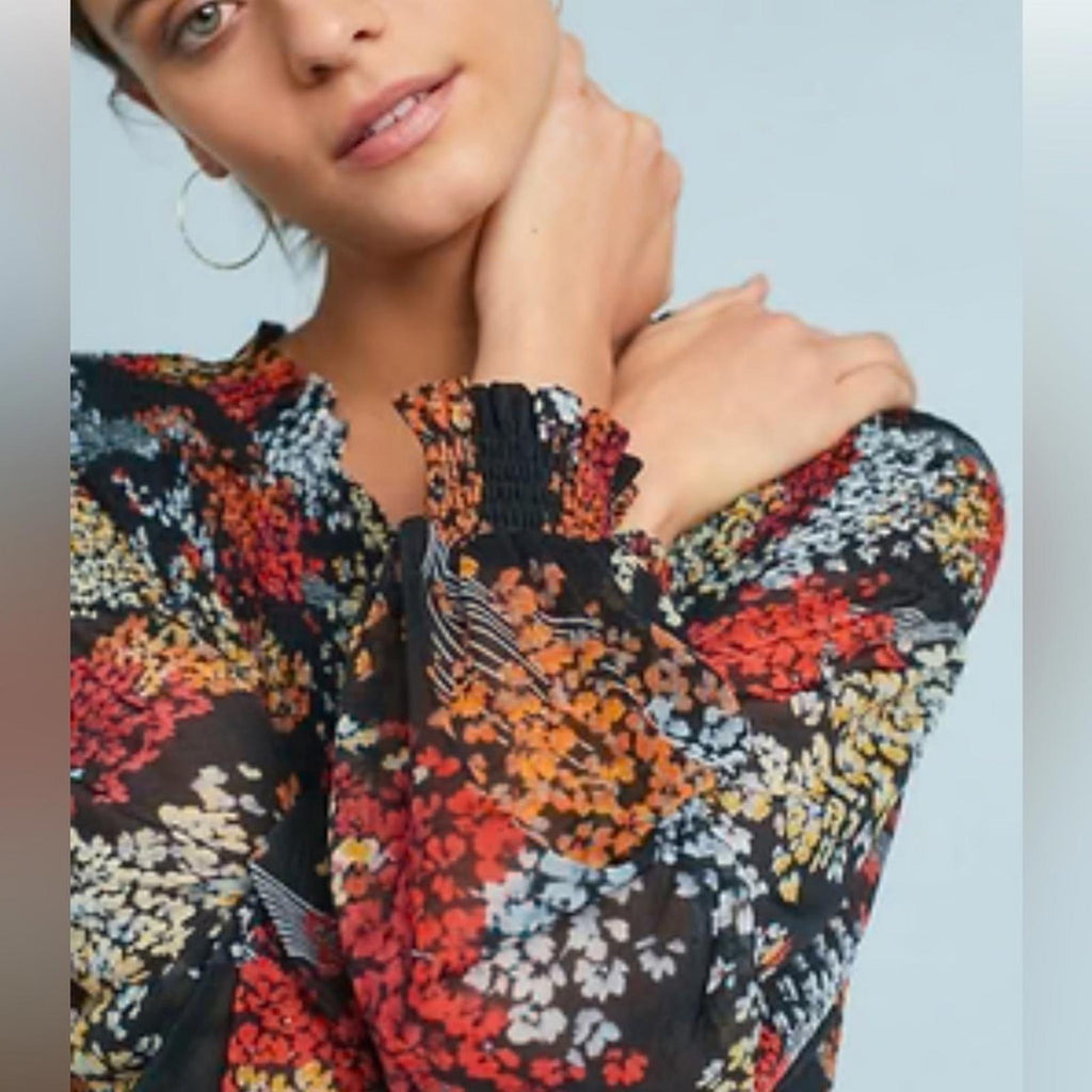 Anthropologie Akemi + Kin Balloon Sleeve Floral Chiffon Smocked Top Size S
