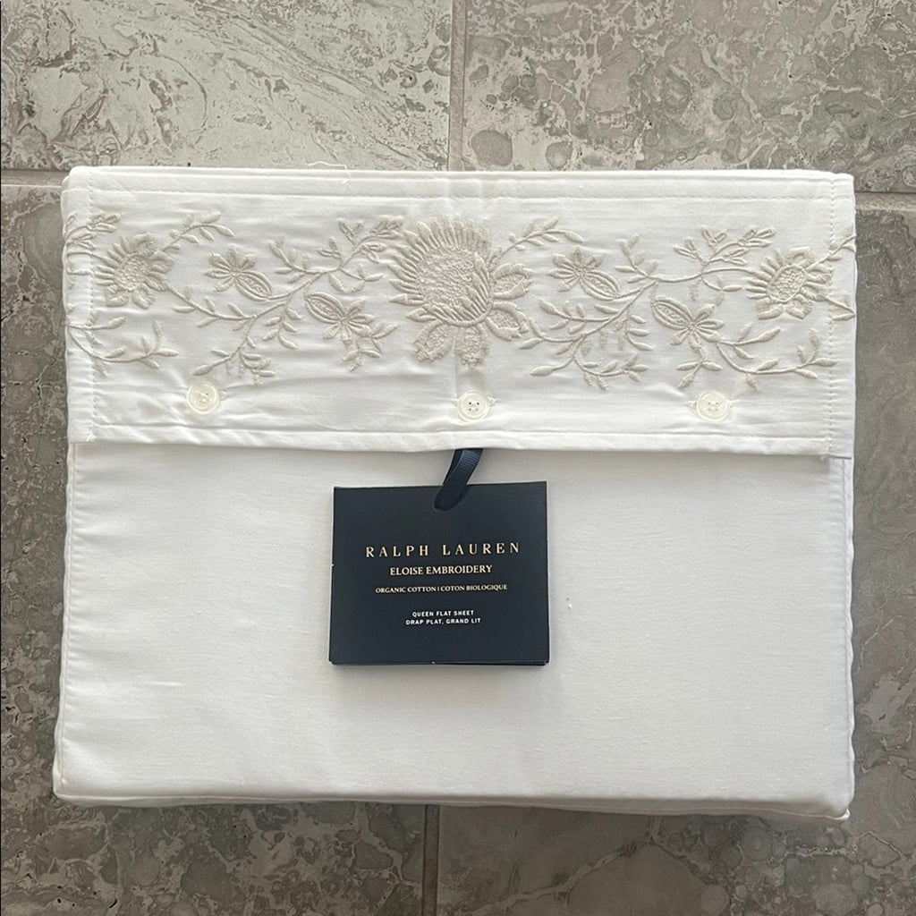 Ralph Lauren Organic Cotton Eloise Embroidery Queen Flat Sheet, Platinum, NEW