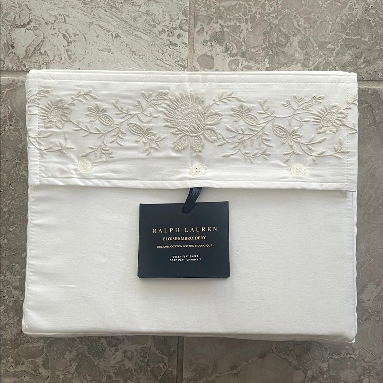 Ralph Lauren Organic Cotton Eloise Embroidery Queen Flat Sheet, Platinum, NEW